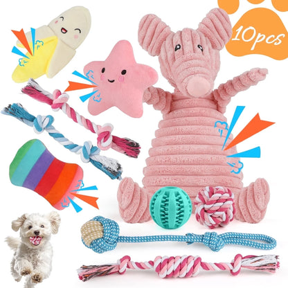 Dog Toys for Small Dogs ,10 Pack Puppy Chew Toys for Teething and Training with Plush Squeaky Toys, Treat Ball and Rope Toys to Keep Them Busy,Pink Pig
