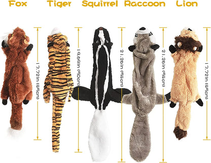 No Stuffing Plush Chew Toy for Small Medium Dogs Puppy Aggressive Chewers Large Breed 5 Pack Cute Animals Raccoon Squirrel Tiger Fox and Lion