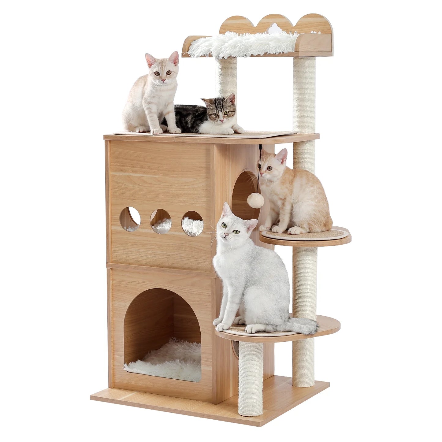 51" Cat Tower for Large Cats Modern Wooden Cat Tree Multi-Level Cat Tree Tower Cat Sky Castle with Cozy Cat Condos, Beige