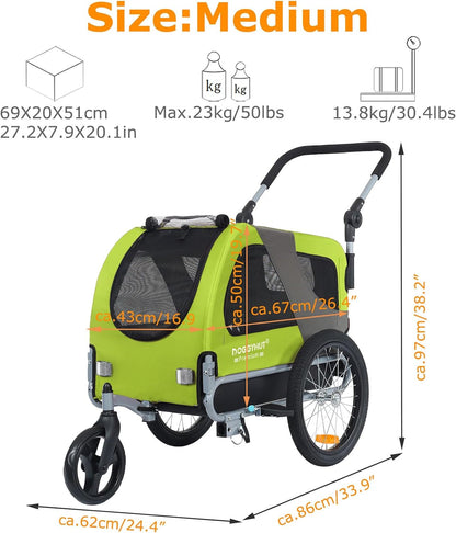 ® Premium M Pet Bike Trailer & Stroller 2-In-1,For Dogs up to 50 Lbs,Parking Brakes,Easy Folding Cart Frame, Universal Bicycle Coupler,E-Bike Friendly
