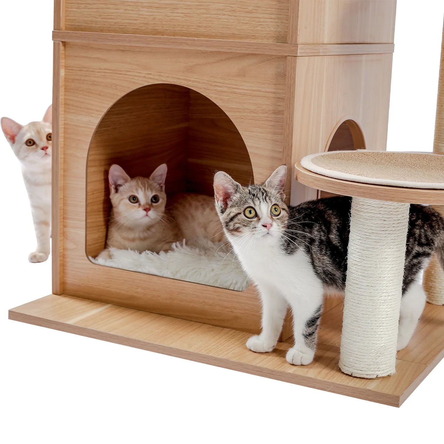 51" Cat Tower for Large Cats Modern Wooden Cat Tree Multi-Level Cat Tree Tower Cat Sky Castle with Cozy Cat Condos, Beige