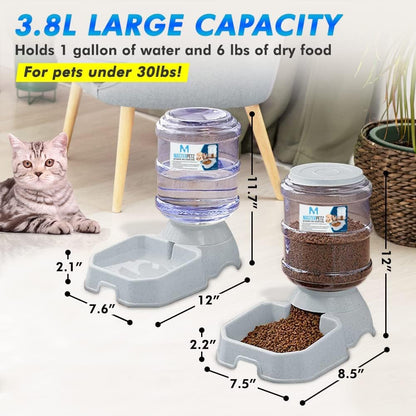 Automatic Cat Feeder and Water Dispenser for Dogs, 1 Gallon X 2 Gravity Feed Water Bowl for Cats Max 30Lbs Self Filling Auto Pet Waterer Replenish Opening with Firm Lock
