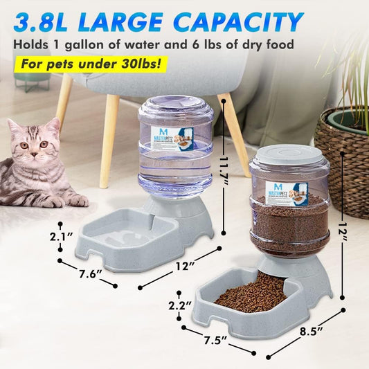 Automatic Cat Feeder and Water Dispenser for Dogs, 1 Gallon X 2 Gravity Feed Water Bowl for Cats Max 30Lbs Self Filling Auto Pet Waterer Replenish Opening with Firm Lock