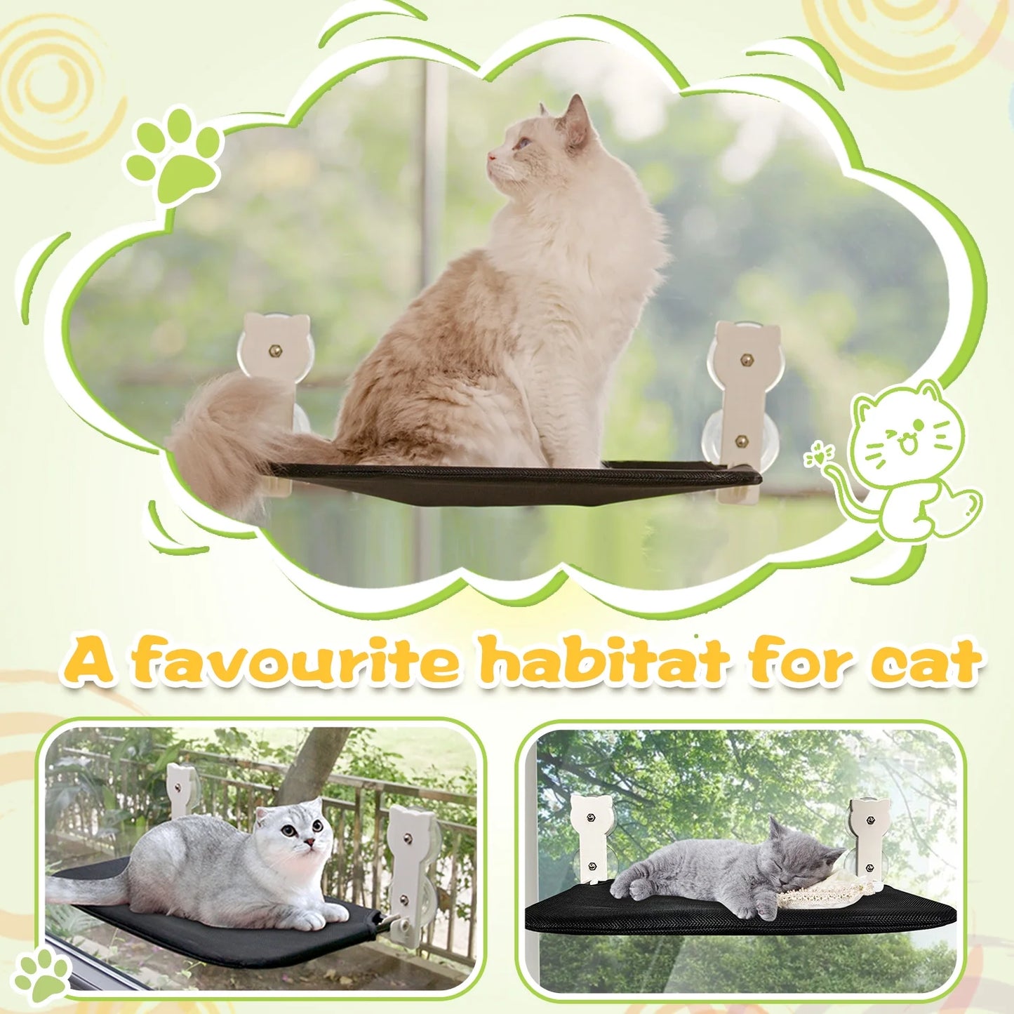 Cat Window Perch, Sturdy Foldable Cat Hammock Window Seat, Cordless Resting Pet Bed Indoor