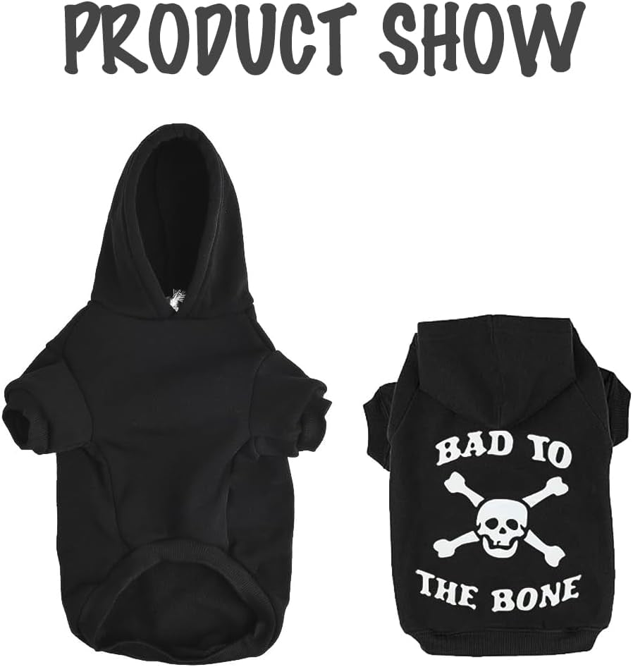 Bad to the Bone Lettered Dog Hoodie - Warm Fleece Sweatshirt with Hood and Leash Hole, Cozy Soft Pet Outfit for Small Medium Dogs, M