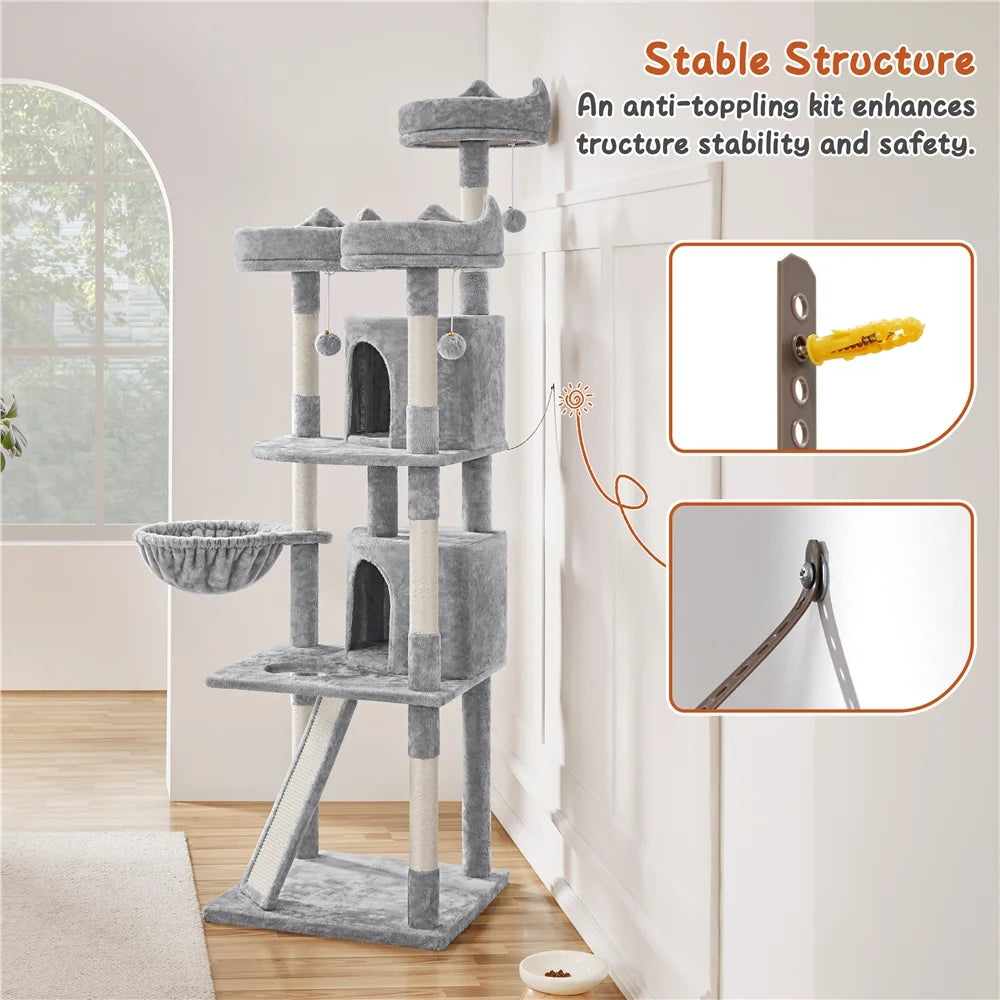 76"H Large Multilevel Cat Tree Tower with Condos and Perches, Light Gray
