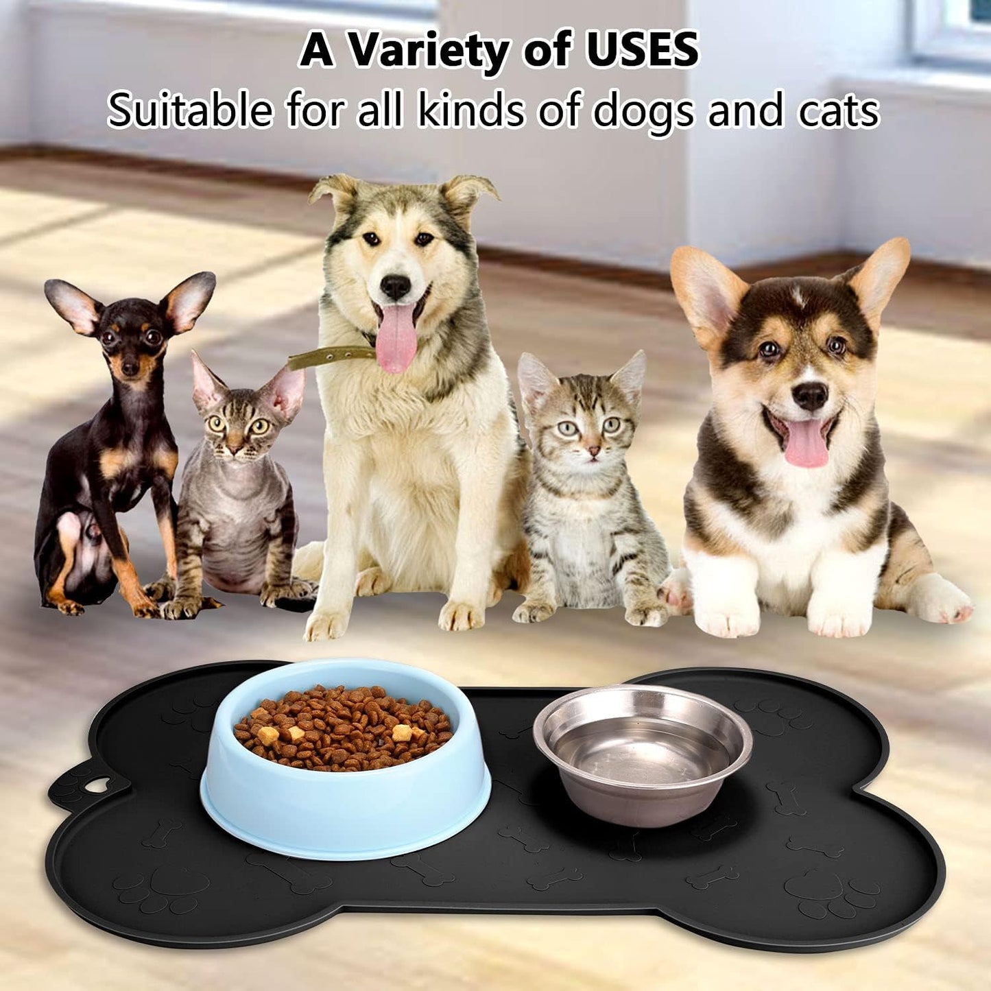 Dog Bowl Mat,  Dog Mat for Food and Water Pet Cat Large Small Silicone Rubber Plastic Waterproof Feeding Eating Dish Placemat Trays with Edges Lip for Floor, 23.6"X15.7", Black