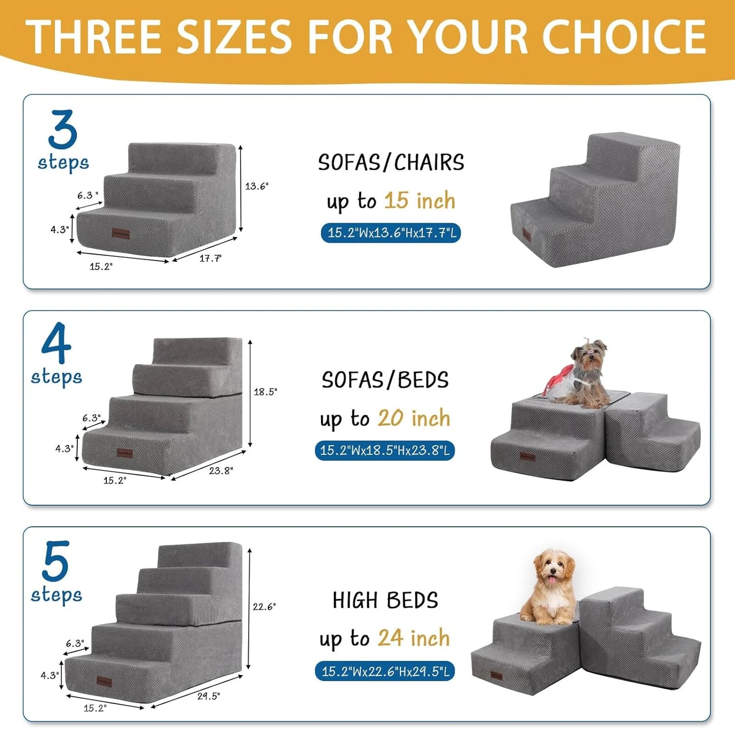 Dog Stairs for Small Dogs & Cats, Non-Slip Pet Stairs 3-Step for Chairs and Couch, Grey