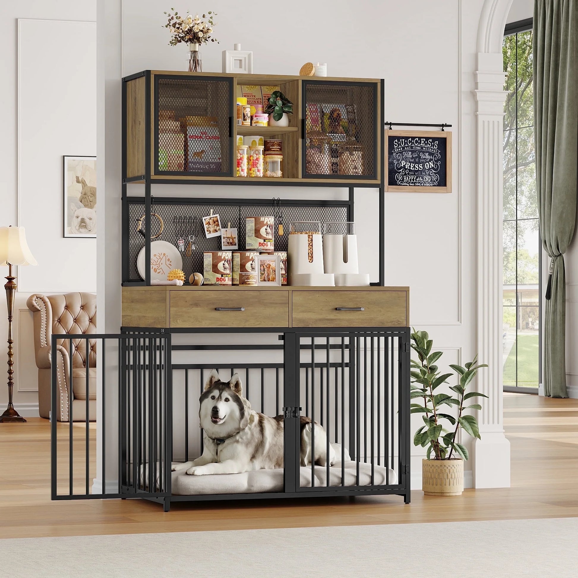 71" Tall Dog Crates Furniture, Indoor Dogs Kennel with Hutch, 42"W Dog Cage Furniture for Large/Medium Dogs, Decorative Sturdy Pet House, Rustic Brown