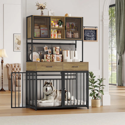 71" Tall Dog Crates Furniture, Indoor Dogs Kennel with Hutch, 42"W Dog Cage Furniture for Large/Medium Dogs, Decorative Sturdy Pet House, Rustic Brown