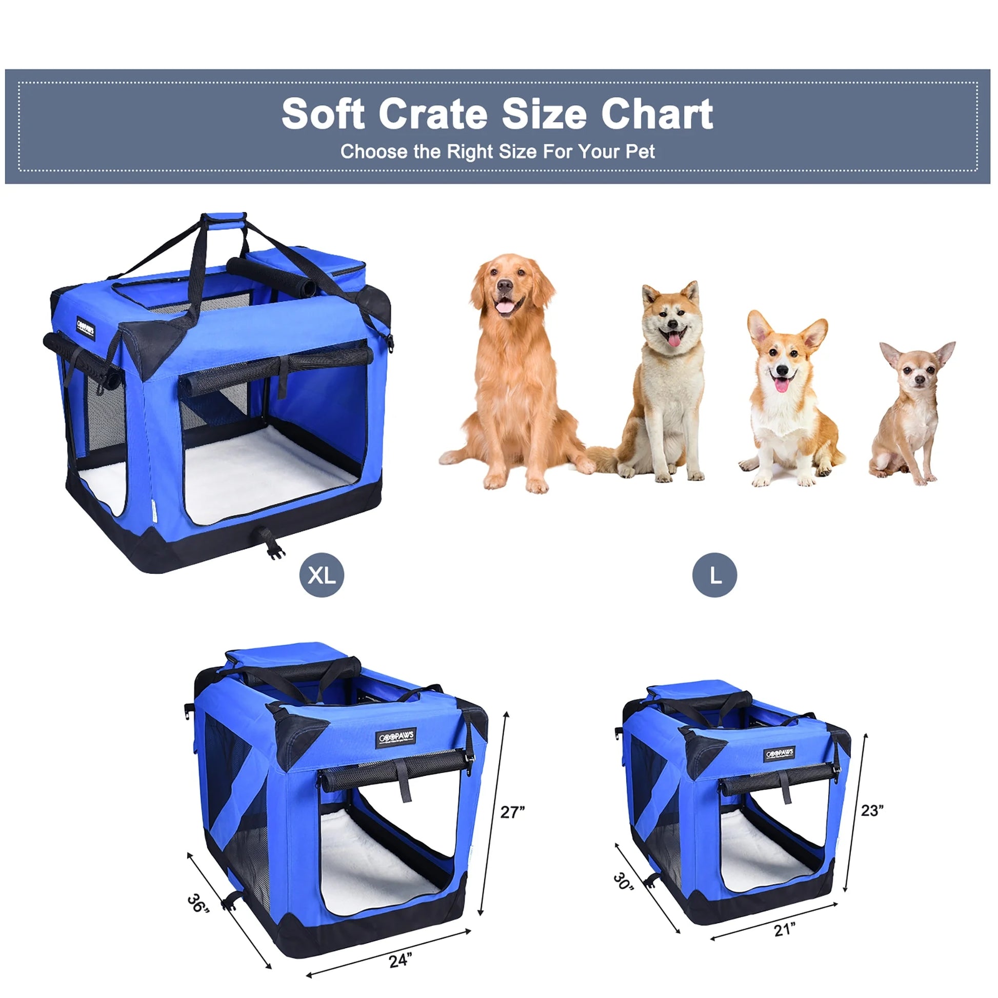 : 30" Soft Pet Crate - Blue - Dogs & Cats up to 50 Lbs, 3 Door Folding Kennel, Indoor Outdoor Travel Carrier, Mesh Windows, Fleece Mat, Goopaws