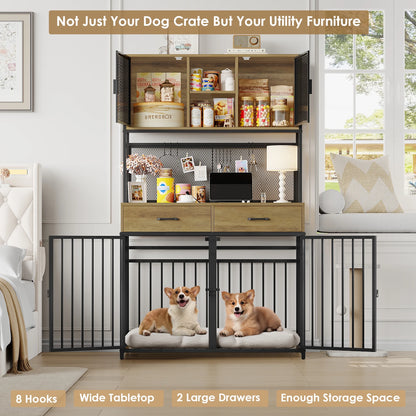 71" Tall Dog Crates Furniture, Indoor Dogs Kennel with Hutch, 42"W Dog Cage Furniture for Large/Medium Dogs, Decorative Sturdy Pet House, Rustic Brown