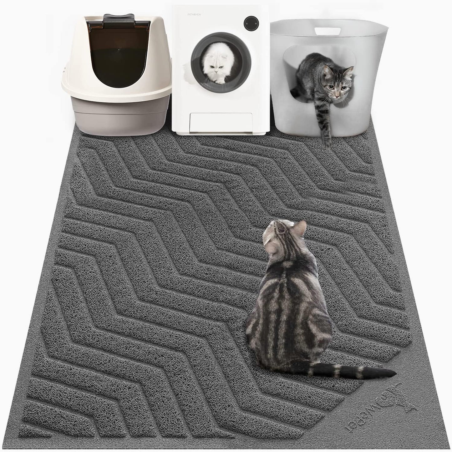 Cat Litter Box Mat(No. 02-2), Kitty Premium PVC Pad, Durable Trapping Rug, Phthalate Free, Urine-Resistant, Scatter Control, L 35 X 23, Grey