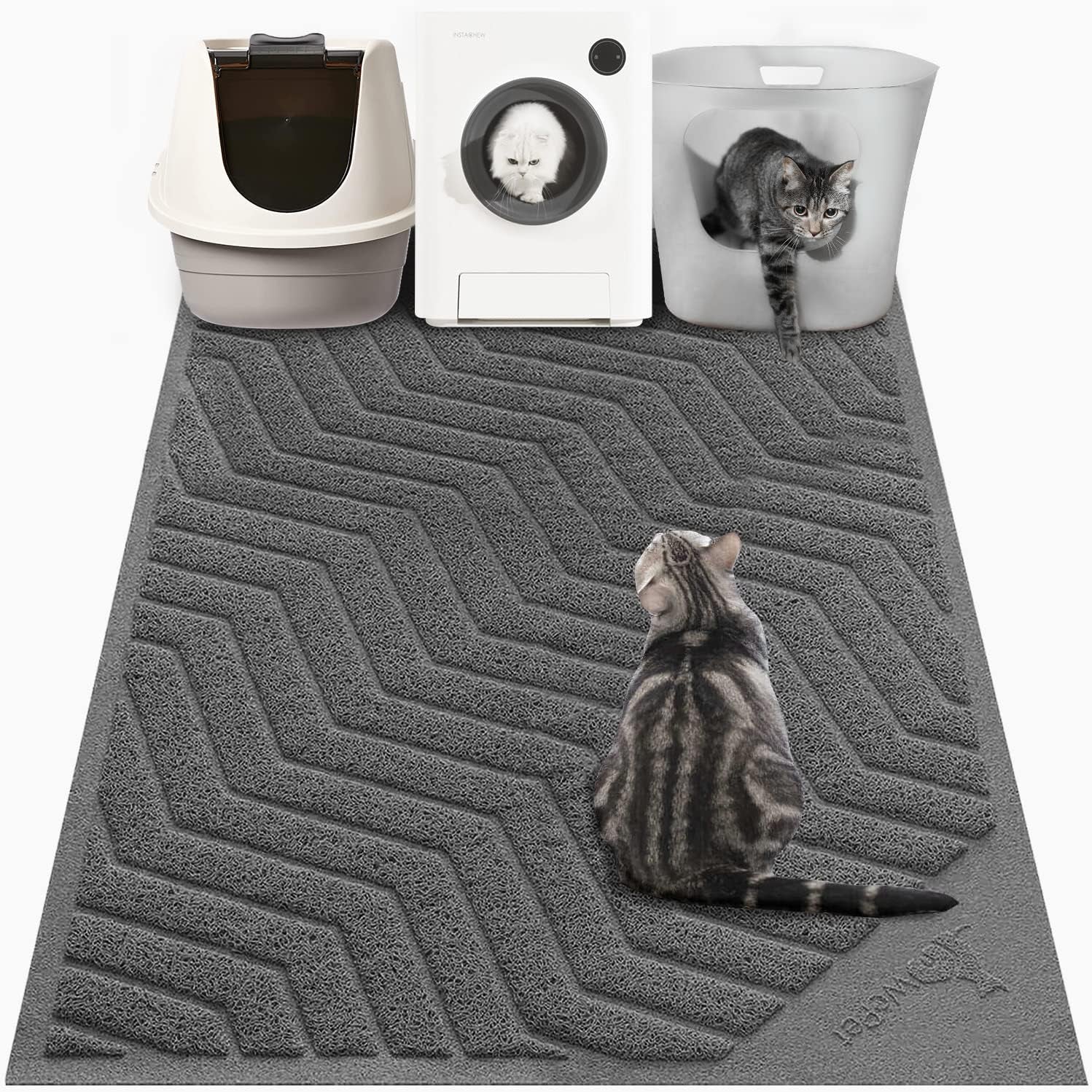 Cat Litter Box Mat(No. 02-2), Kitty Premium PVC Pad, Durable Trapping Rug, Phthalate Free, Urine-Resistant, Scatter Control, L 35 X 23, Grey