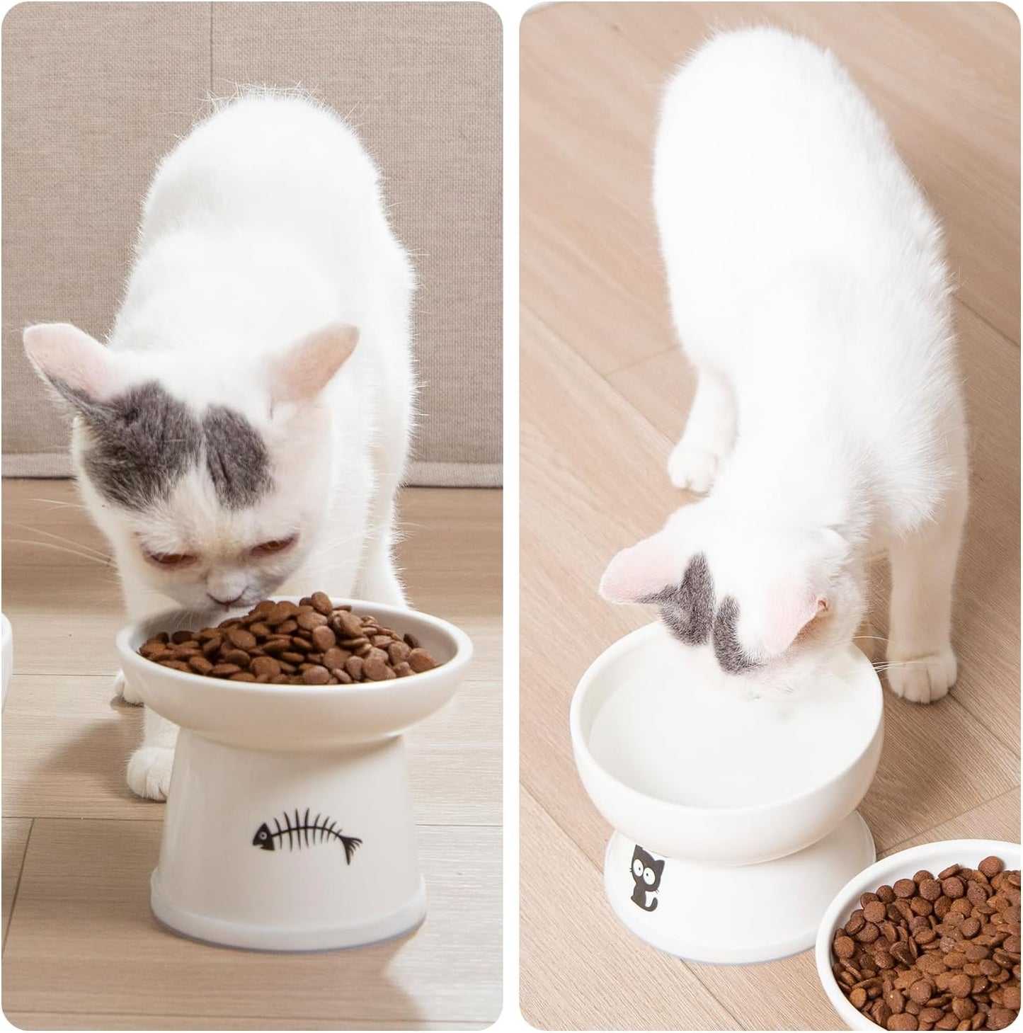 Raised Cat Food and Water Bowl Set, Whisker Friendly Elevated Ceramic Cats Feeder Bowls with anti Slip Ring, Anti-Vomiting Shallow High Porcelain Pet Kitten Dish, Dishwasher Safe(White)