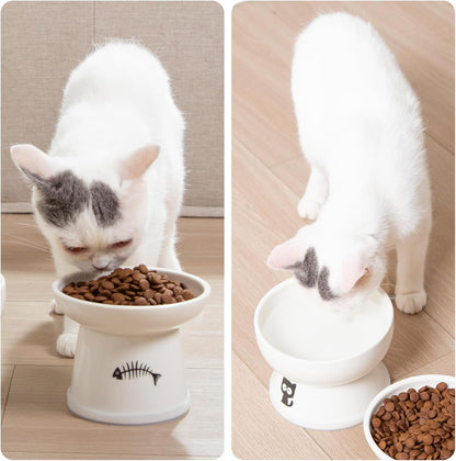 Raised Cat Food and Water Bowl Set, Whisker Friendly Elevated Ceramic Cats Feeder Bowls with anti Slip Ring, Anti-Vomiting Shallow High Porcelain Pet Kitten Dish, Dishwasher Safe(White)