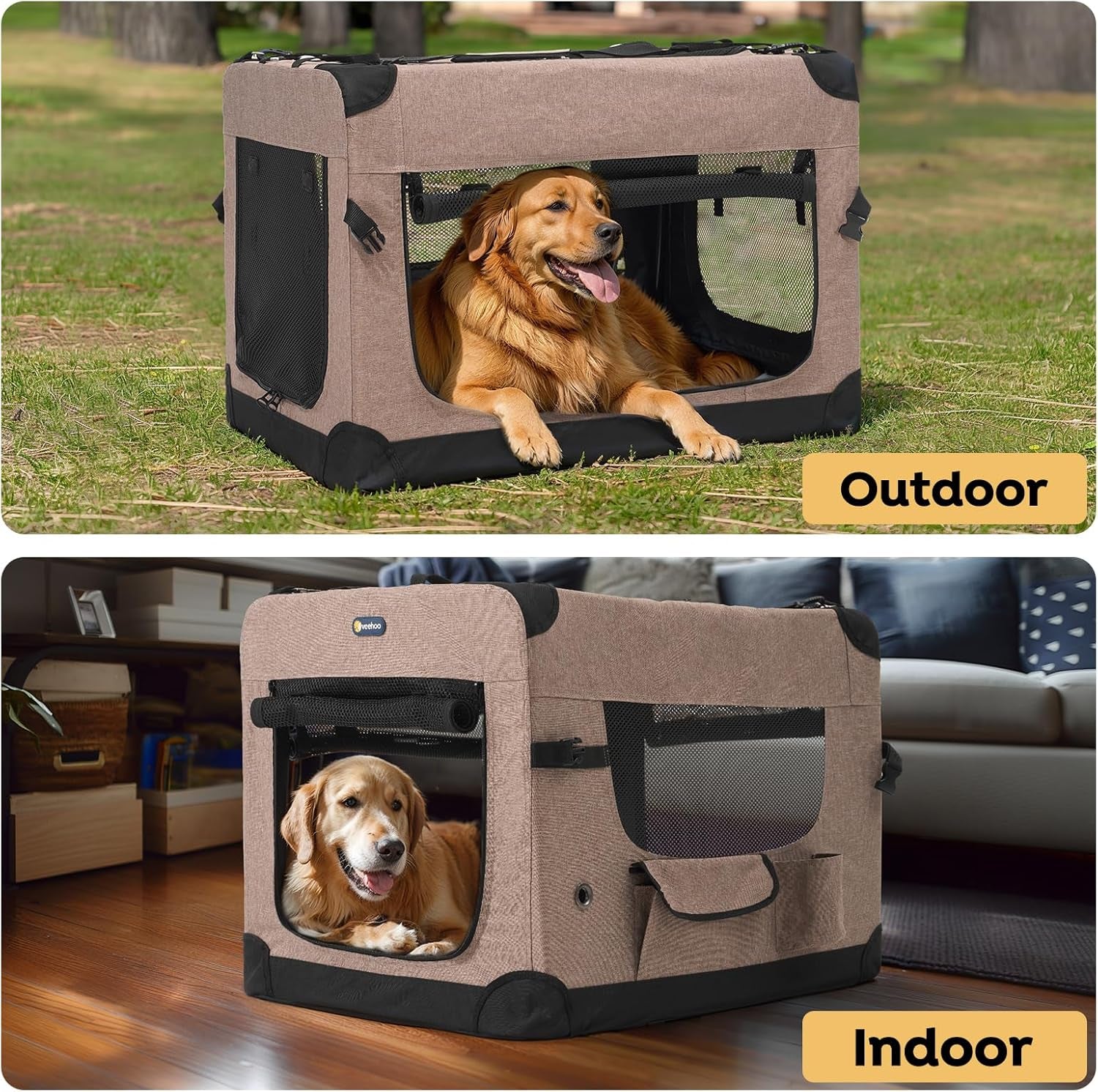 30 Inch Folding Soft Dog Crate, 4-Door Portable Collapsible Pet Kennel Travel Dog Crate for Medium Dogs, 5 X Durable Mesh Screen, 600D Oxford Fabric, Indoor & Outdoor Use, Brown, CWB2428CP