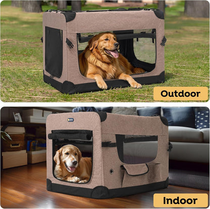 30 Inch Folding Soft Dog Crate, 4-Door Portable Collapsible Pet Kennel Travel Dog Crate for Medium Dogs, 5 X Durable Mesh Screen, 600D Oxford Fabric, Indoor & Outdoor Use, Brown, CWB2428CP