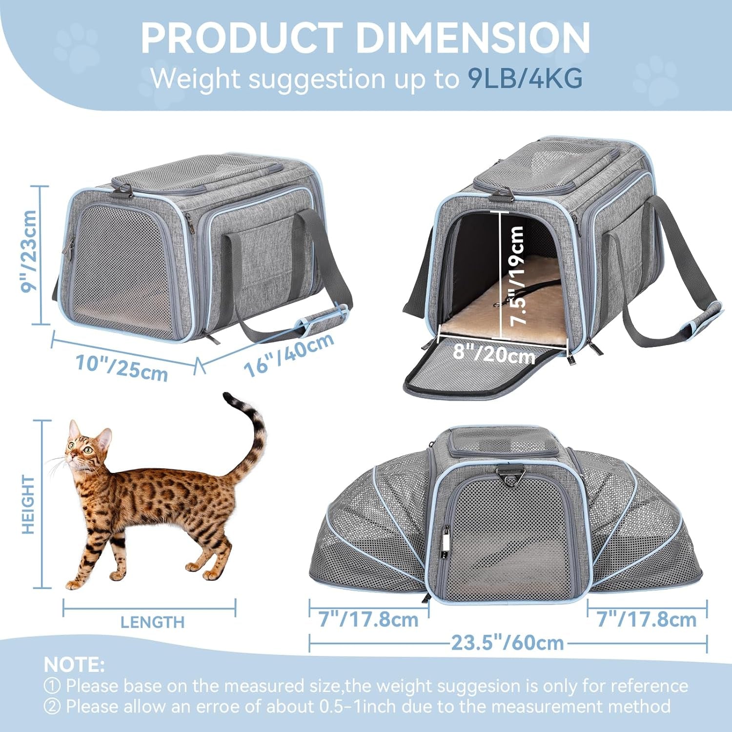Expandable Small Cat Carriers Dog Carrier, Airline Approved Soft-Sided Portable Washable Pet Travel Carrier with Two Extension up to 9LB