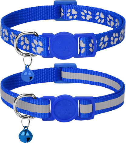 Reflective Cat Collar Breakaway with Bells, 2 Pack Girl Boy Pet Cat Collar Adjustable 7.5-12.5 Inch, Green