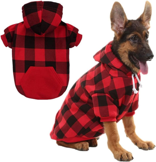 Plaid Dog Hoodie Pet Clothes Sweater with Hat and Pocket for Small Medium Large Size Dogs, Soft Winter Warm Dog Cold Weather Coat, Fleece Fall Dog Hooded Sweatshirt for Puppy Cats, Red XL