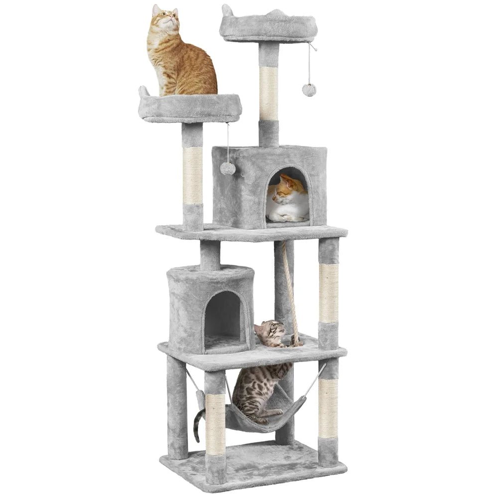 62.2''H Multi Level Cat Tree Tower with Condos Foam-Padded Perches, Light Gray