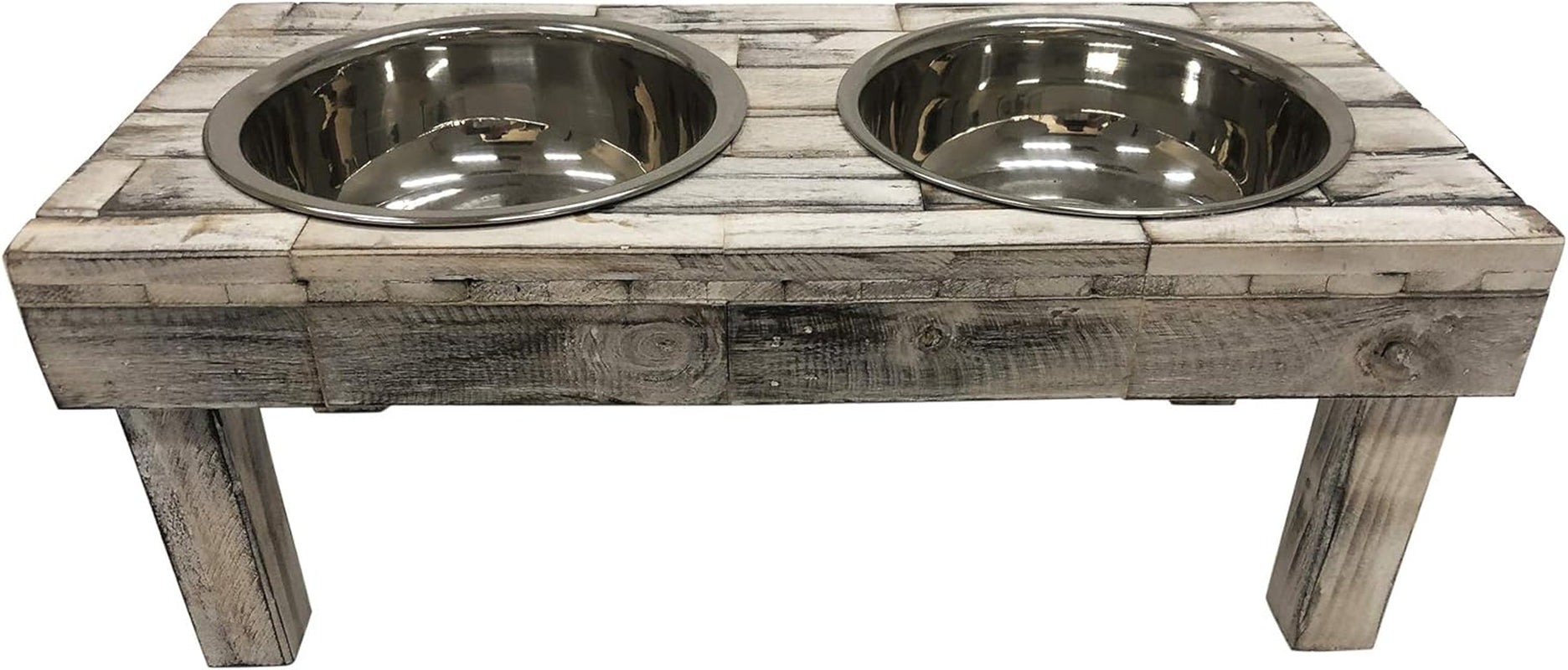 Pet Berjen Table Elevated Double Bowl Feeder, White Wash (Large)