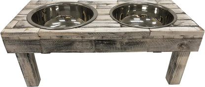 Pet Berjen Table Elevated Double Bowl Feeder, White Wash (Large)