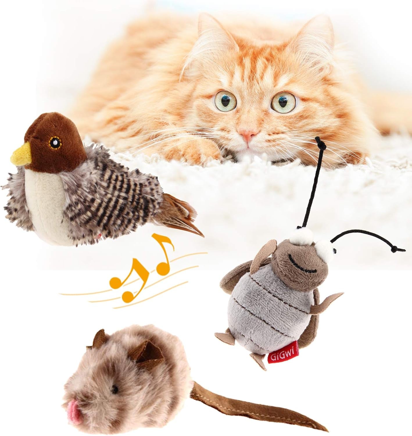 Chirping Bird Cat Toy Set, Interactive Chasing Toy for Indoor Cat, Motion Activated Kitten Play Toys, Squeaky Cats Animal Feather Toy for All Breeds Cats Kicker