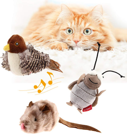 Chirping Bird Cat Toy Set, Interactive Chasing Toy for Indoor Cat, Motion Activated Kitten Play Toys, Squeaky Cats Animal Feather Toy for All Breeds Cats Kicker