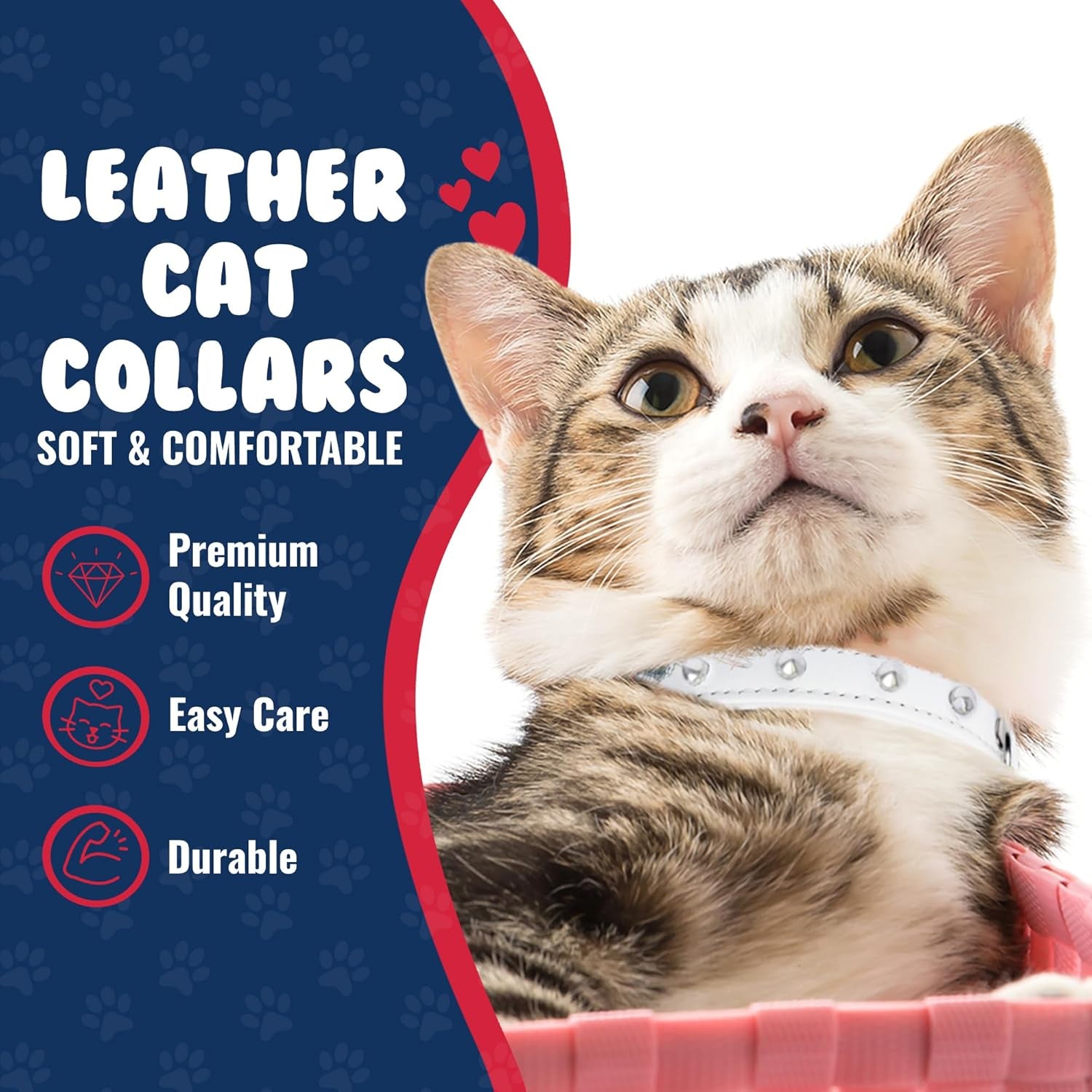 Studded Cat Collar, Genuine Leather Kitten Collar, Sturdy Breakaway Cat Collar with Bell and Elastic Stretch, Cat Accessories, Ivory White, 10 X 1/2 Inches -