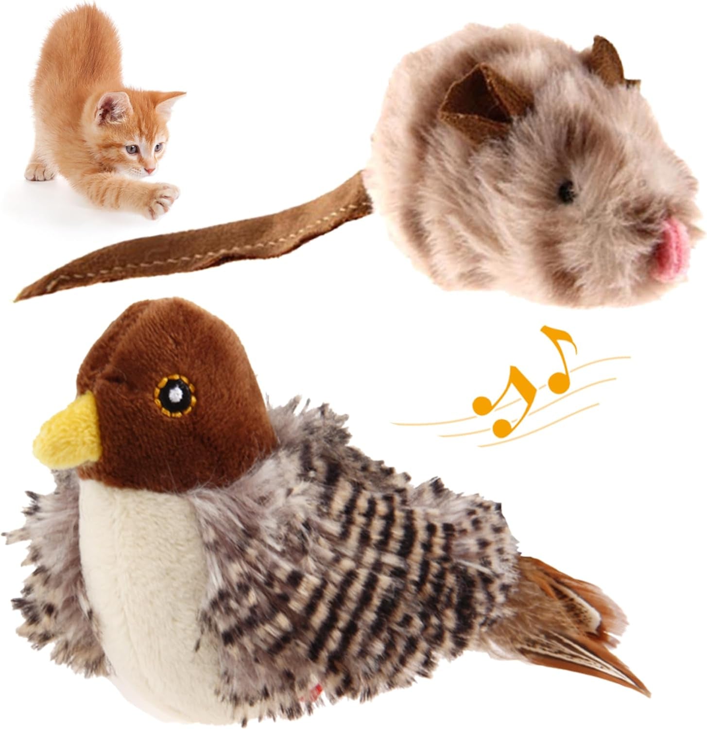 Chirping Bird Cat Toy Set, Interactive Chasing Toy for Indoor Cat, Motion Activated Kitten Play Toys, Squeaky Cats Animal Feather Toy for All Breeds Cats Kicker