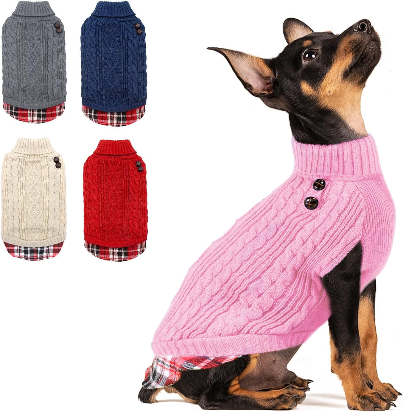Dog Christmas Sweater Stretchy Pet Coat for Small Dogs Male Turtleneck Small Dog Sweater Red Puppy Clothes Knitwear Puppy Coats with Gingham Patchwork Pet Clothes for Fall Winter