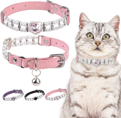 Soft Velvet Safe Cat Collars for Girl Cats -2 Pack Rhinestones Bling Diamante Adjustable Collars Breakaway- Chirstmas Cat Clollar Gifts with Bells for Boy Cats Kitty and Small Dogs