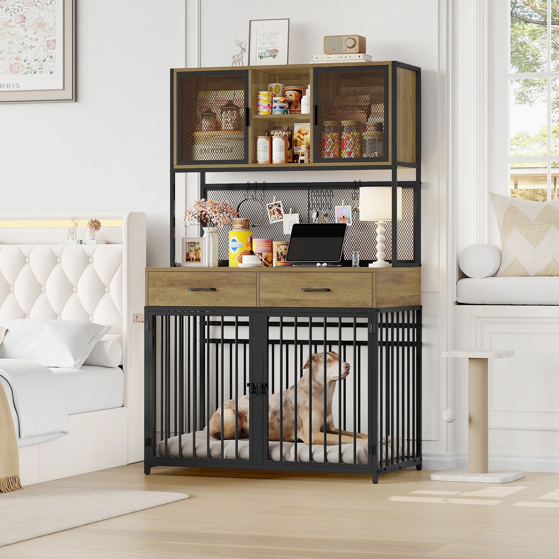 71" Tall Dog Crates Furniture, Indoor Dogs Kennel with Hutch, 42"W Dog Cage Furniture for Large/Medium Dogs, Decorative Sturdy Pet House, Rustic Brown
