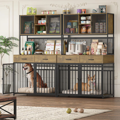 71" Tall Dog Crates Furniture, Indoor Dogs Kennel with Hutch, 42"W Dog Cage Furniture for Large/Medium Dogs, Decorative Sturdy Pet House, Rustic Brown