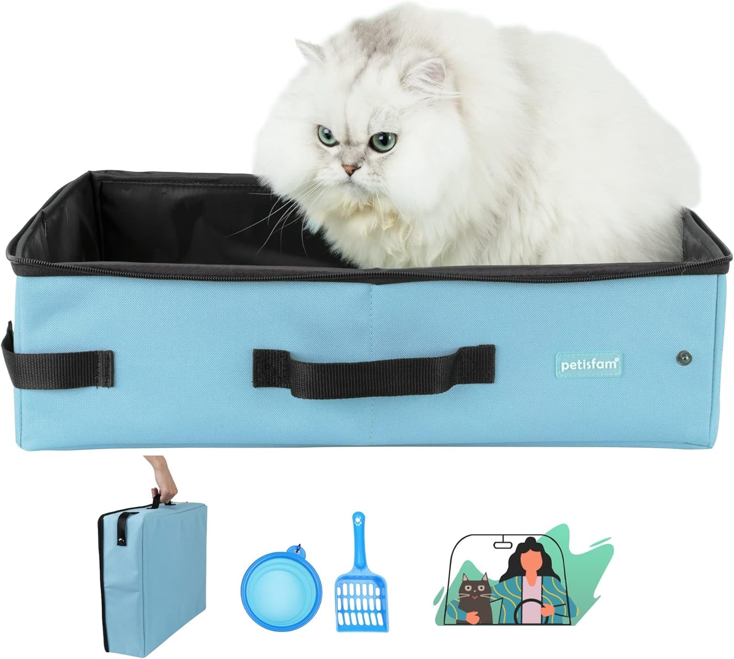 Portable Travel Litter Box for Cats with Lid to Contain Litter and Odor. Easy to Carry, Clean and Store. Easy for Car Travel, Hotle Stays, Flying with Cats