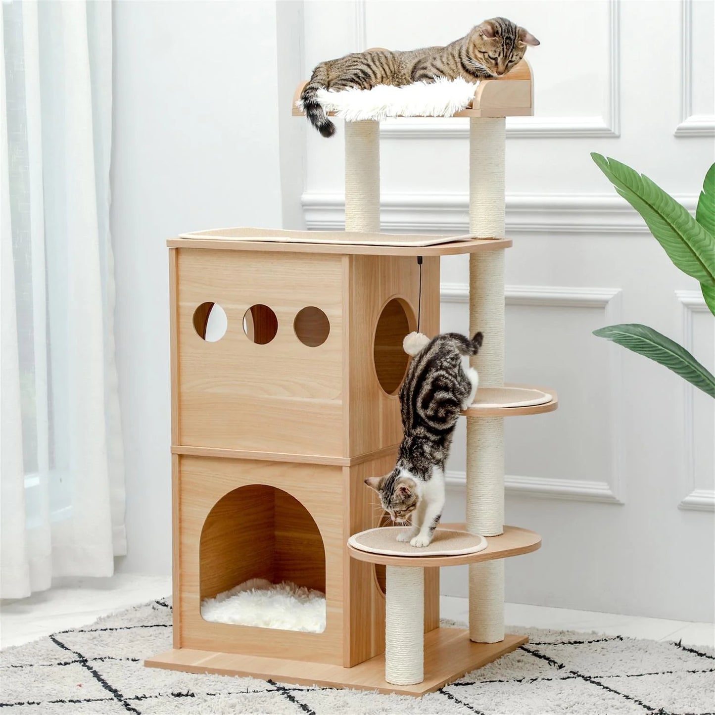 51" Cat Tower for Large Cats Modern Wooden Cat Tree Multi-Level Cat Tree Tower Cat Sky Castle with Cozy Cat Condos, Beige