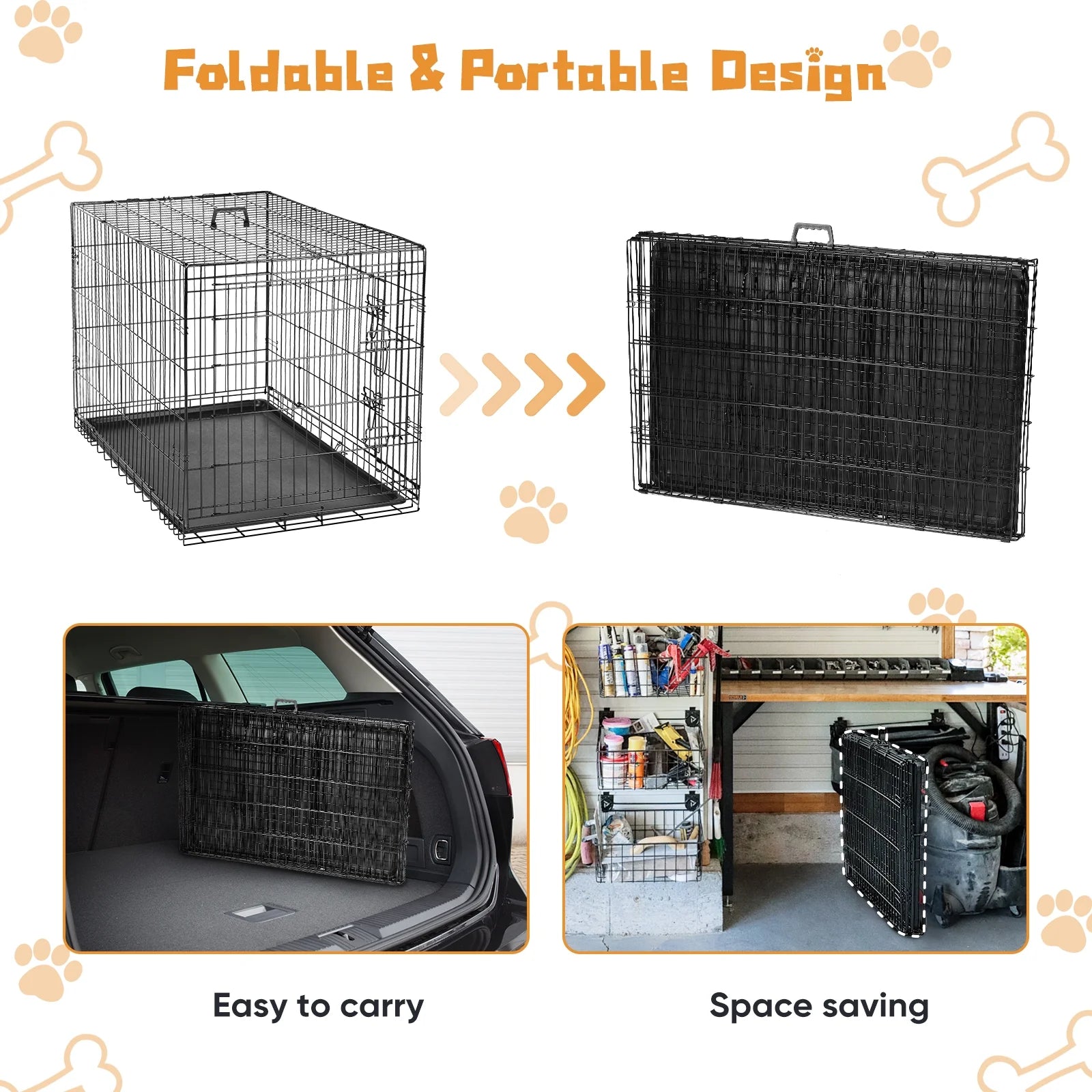 Small Dog Crate with Divider Panel, 24" Double Door Folding Metal Wire Dog Cage with Plastic Leak-Proof Pan Tray