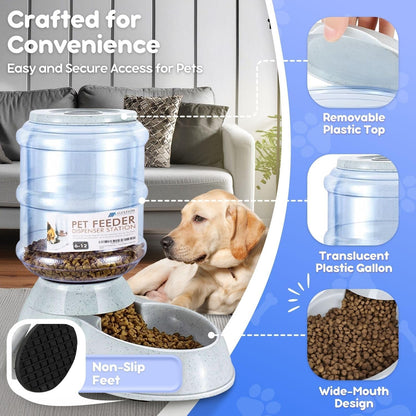 Automatic Pet Feeder & Waterer Set of 2 Pack, Self Feeding Replenish Dog Cat Bowls, Gravity Food & Water Storage Container Fountain Jug Pet Supplies Plastic Skid Proof Rubber Feet (3 Gallon)