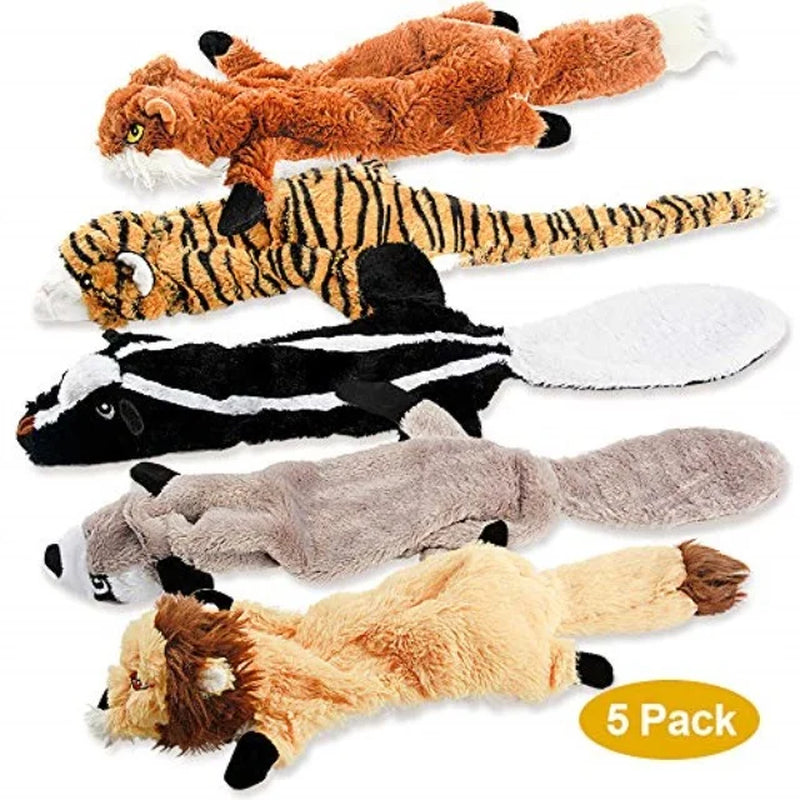 No Stuffing Plush Chew Toy for Small Medium Dogs Puppy Aggressive Chewers Large Breed 5 Pack Cute Animals Raccoon Squirrel Tiger Fox and Lion