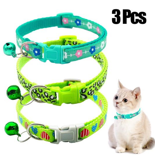3 Pcs Nylon Cat Collar with Bell Adjustable Kitten Puppy Collars for Newborn Pet,Green