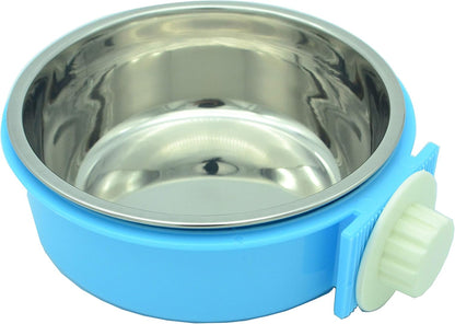 Dog Bowl Feeder Pet Puppy Food Water Bowl, 2-In-1 Plastic Bowl & Stainless Steel Bowl, Removable Hanging Cat Rabbit Bird Food Basin Dish Perfect for Crates & Cages, Blue