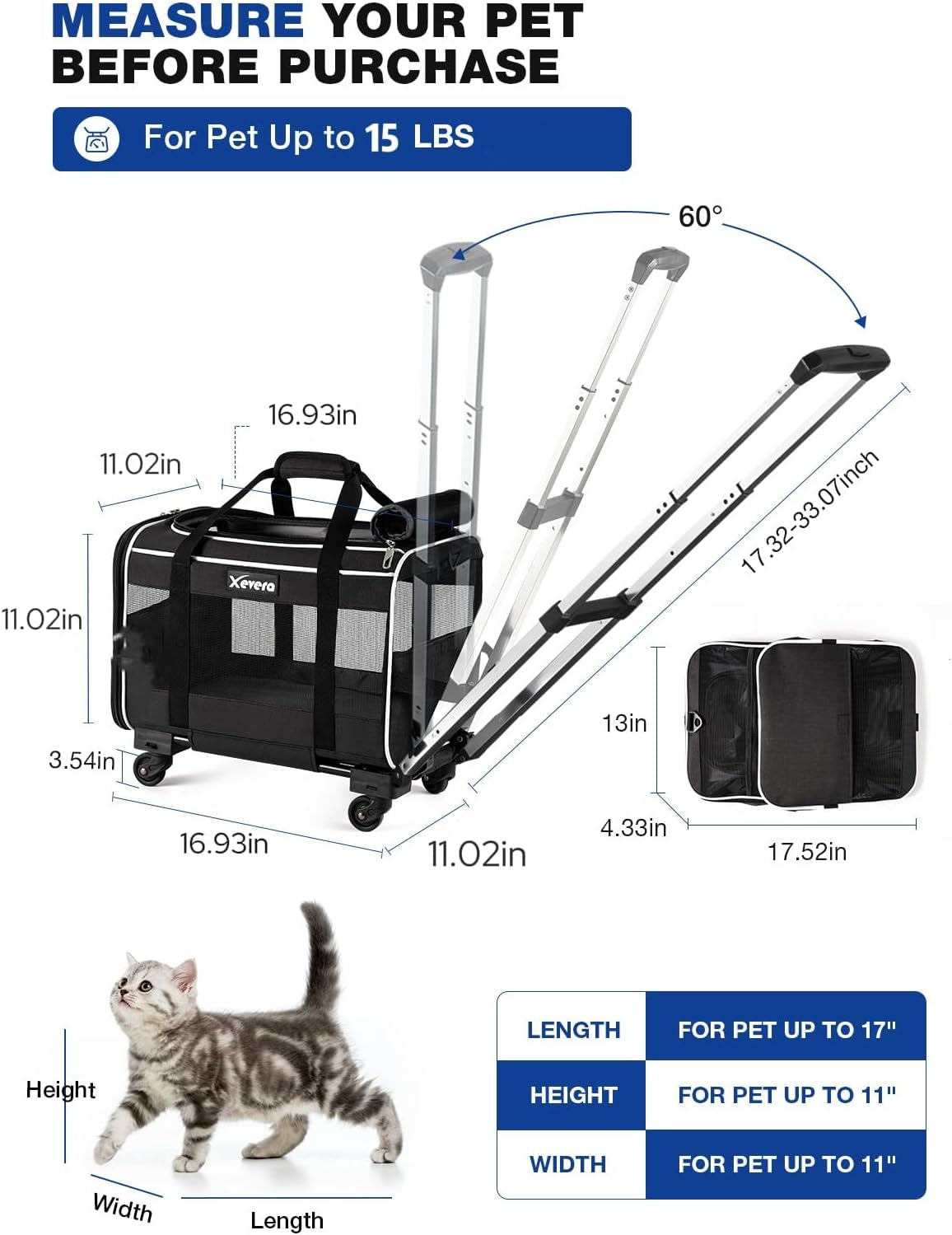 Cat Dog Carrier with Wheels Airline Approved Rolling Pet Carrier with Telescopic Handle, Shoulder Strap and Pet Bowl, Black