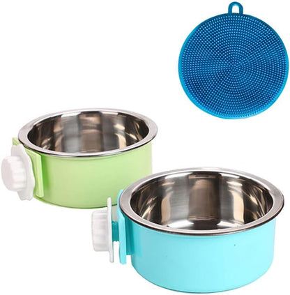 Crate Dog Cat Bowls, Removable Stainless Steel Hanging Pet Cage Bowls for Kennel, Water Food Feeder Cage Coop Cup for Cats, Dogs, Rabbits and Small Animals (Small, Blue)