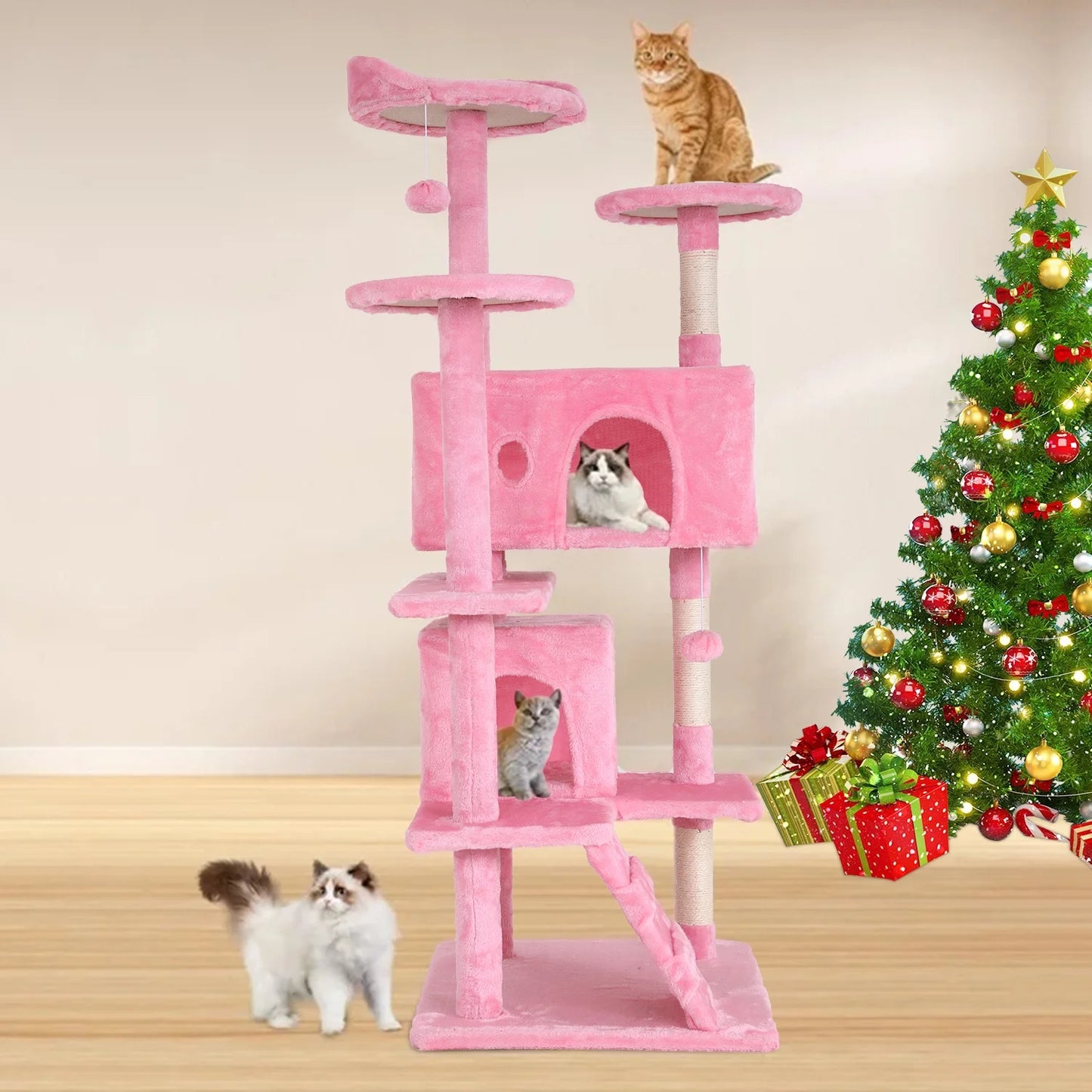 54-In Double Condo Cat Tree Tower Playhouse with Scratching Post & Perch for Indoor, Navy Blue