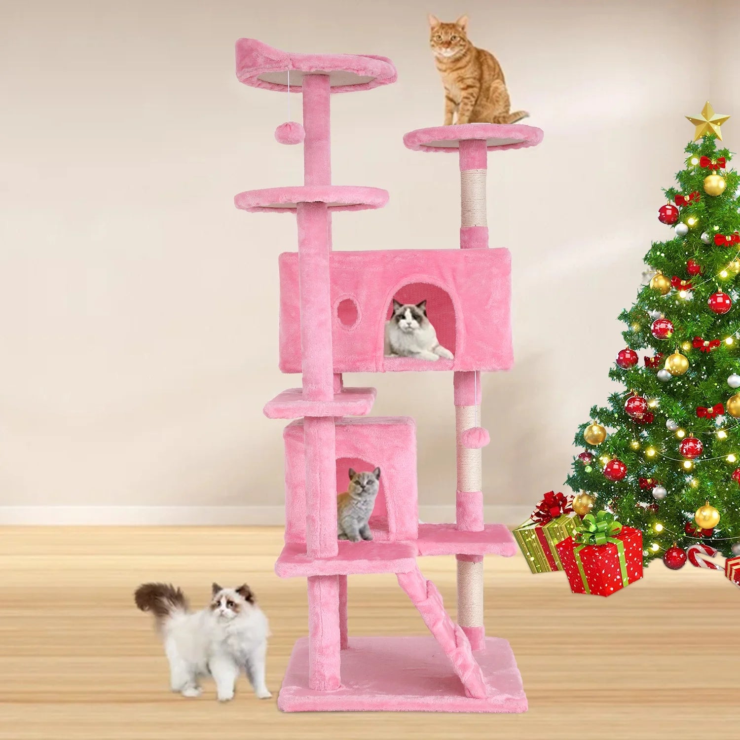 54-In Double Condo Cat Tree Tower Playhouse with Scratching Post & Perch for Indoor, Navy Blue