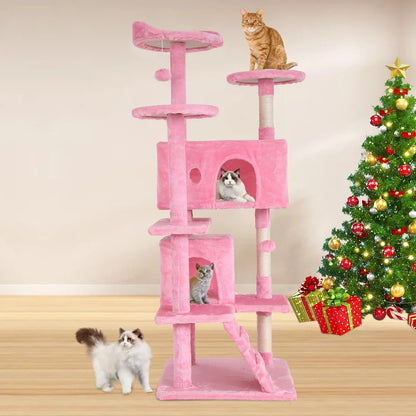 54-In Double Condo Cat Tree Tower Playhouse with Scratching Post & Perch for Indoor, Navy Blue