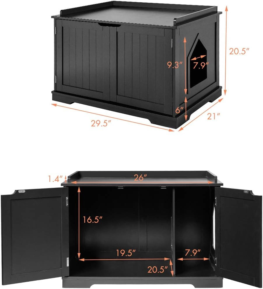 Litter Box Enclosure - Decorative Cat Box Cabinet with Double Doors, Large Cat Kitty Washroom Storage Bench
