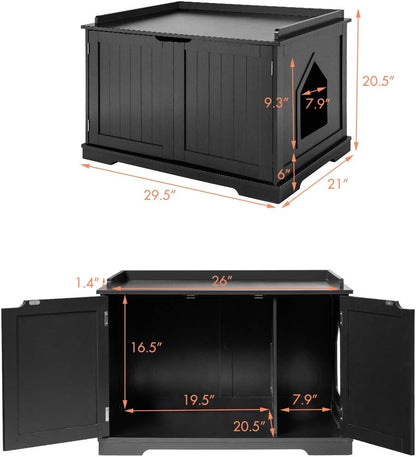 Litter Box Enclosure - Decorative Cat Box Cabinet with Double Doors, Large Cat Kitty Washroom Storage Bench